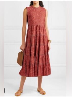 DÔEN Raven Tiered Corduroy Midi Dress - Burgandy California Wildflower - XS